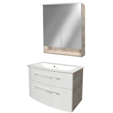 Fackelmann B.STYLE Badmöbel Set – Waschbecken mit Unterschrank und LED-Spiegelschrank in Weiß mit Holz braun – Waschbeckenunterschrank 80 cm hängend breit – Badezimmermöbel in Eiche Natur Holzoptik"-"