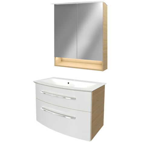 Fackelmann B.STYLE Badmöbel Set – Waschbecken mit Unterschrank und LED-Spiegelschrank in Weiß mit Holz braun – Waschbeckenunterschrank 80 cm hängend breit – Badezimmermöbel in Sandeiche Holzoptik"-"90