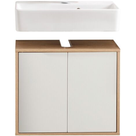 FACKELMANN FINN Badmöbel Set 2 Teile / Waschbecken / Waschbeckenunterschrank mit 2 Türen / Badschrank mit Push-to-Open / Korpus & Front: Weiß / Rahmendekor & Füße: Braun hell / Breite: 60 cm"-"06221
