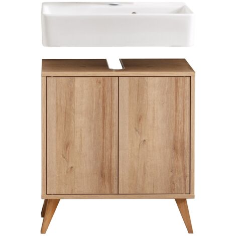 FACKELMANN FINN Badmöbel Set 3 Teile / Waschbecken / Waschbeckenunterschrank / 4 Holzfüße / Badschrank mit Push-to-Open / Korpus & Front: Braun hell / Rahmendekor & Füße: Braun hell / Breite: 60 cm"-"