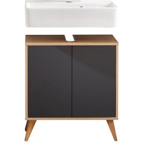 FACKELMANN FINN Badmöbel Set 3 Teile / Waschbecken / Waschbeckenunterschrank / 4 Holzfüße / Badschrank mit Push-to-Open / Korpus & Front: Schwarz / Rahmendekor & Füße: Braun hell / Breite: 60 cm"-"062