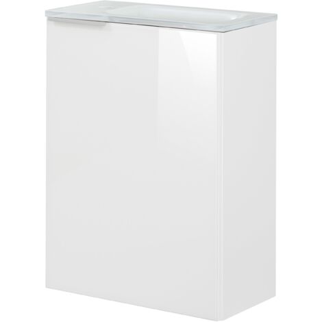 Fackelmann KARA SBC Gäste-WC Set 2 Teile – Waschtischunterschrank in Weiß mit Glasfront Weiß mit Waschbecken aus Glas in Weiß – Waschbeckenunterschrank schmal – Türanschlag rechts – 45 cm breit"-"9006