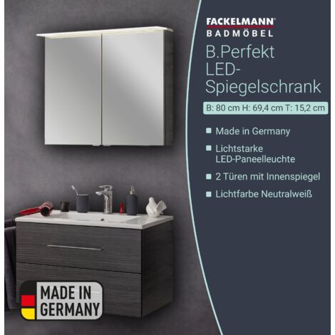 FACKELMANN LED Spiegelschrank B.PERFEKT / Badschrank mit Soft-Close-System / Maße (B x H x T): ca. 80 x 69 x 15 cm / hochwertiger Schrank mit Spiegel und Beleuchtung fürs Bad / Korpus: Schwarz"-"84115