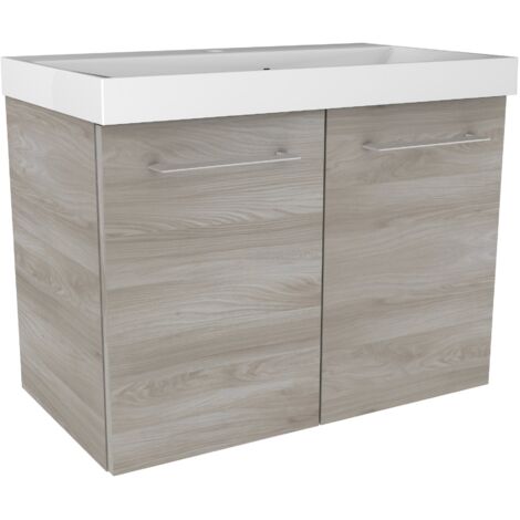 FACKELMANN LIMA Badmöbel Set 2 Teile / Gussmarmor Waschbecken / Waschbeckenunterschrank mit 2 Türen / hochwertiger Badschrank mit Soft-Close / Korpus: Braun hell / Front: Braun hell / Breite: 60 cm"-"