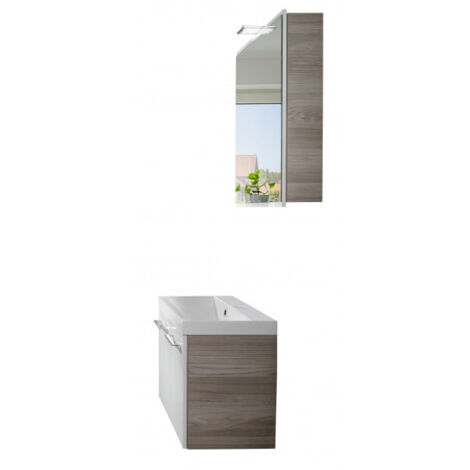 FACKELMANN LIMA Badmöbel Set 3 Teile / Gussmarmor Waschbecken / Waschbeckenunterschrank mit 2 Türen / LED Spiegelschrank / Badschrank mit Soft-Close / Korpus: Braun hell / Front: Weiß / Breite: 60 cm"