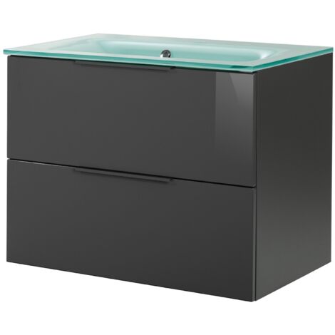 FACKELMANN LUNA Badmöbel Set 2 Teile / Glas Waschbecken / Waschbeckenunterschrank mit 2 Schubladen / Badschrank mit Soft-Close / hochwertige Möbel fürs Bad / Korpus & Front: Schwarz / Breite: 80 cm"-"