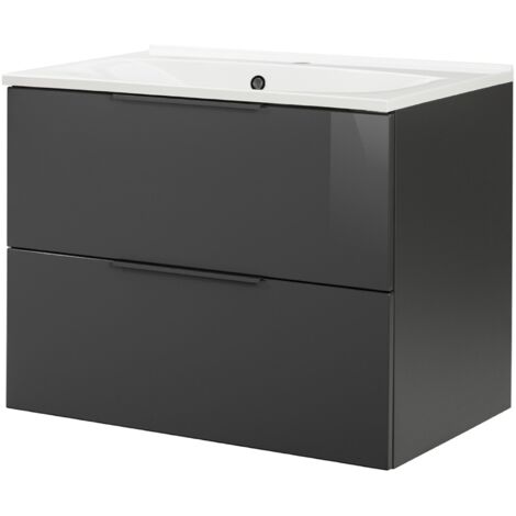 FACKELMANN LUNA Badmöbel Set 2 Teile / Gussmarmor Waschbecken / Waschbeckenunterschrank mit 2 Schubladen / Badschrank mit Soft-Close / Möbel fürs Badezimmer / Korpus & Front: Schwarz / Breite: 80 cm"-
