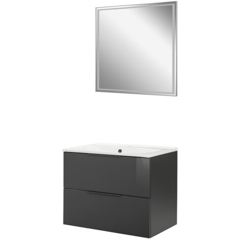 Fackelmann LUNA Badmöbel Set 3-teilig, 80 cm breit, Anthrazit, Gussmarmor, LED Spiegel"-"90260145