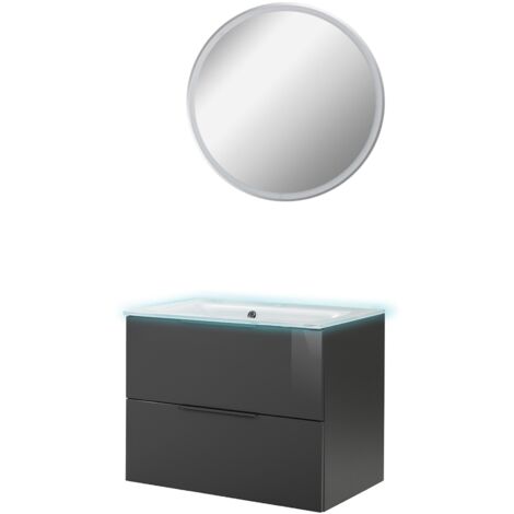 Fackelmann LUNA Badmöbel Set 4-teilig, 80 cm breit, Anthrazit, Glas Weiß+Beleuchtung+Spiegel"-"90262145