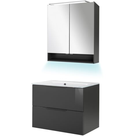 Fackelmann LUNA Badmöbel Set 4-teilig, 80 cm breit, Anthrazit, Glas Weiß+Spiegelschrank"-"90252145