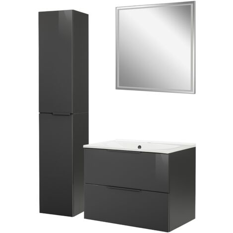 Fackelmann LUNA Badmöbel Set 4-teilig, 80 cm breit, Anthrazit, Gussmarmor, Spiegel + Hochschrank"-"90261145