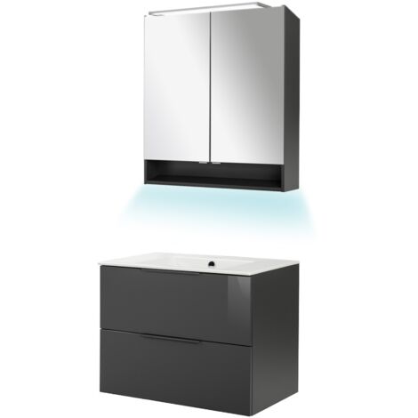 Fackelmann LUNA Badmöbel Set 4-teilig, 80 cm breit, Anthrazit, Keramik, LED Spiegelschrank"-"90256145