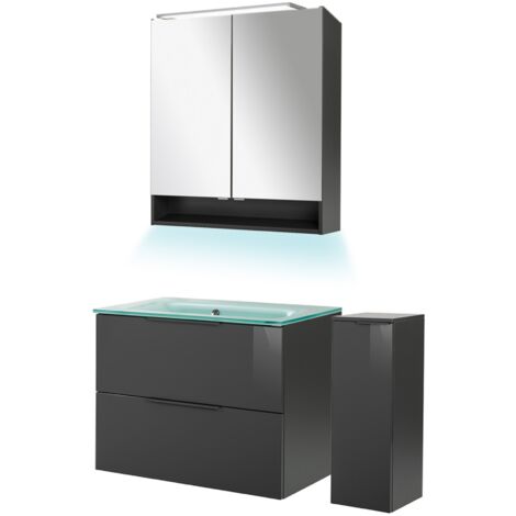 Fackelmann LUNA Badmöbel Set 5-teilig, 80 cm breit, Anthrazit, Glas Mint+Spiegelschrank+Midischrank"-"90251145