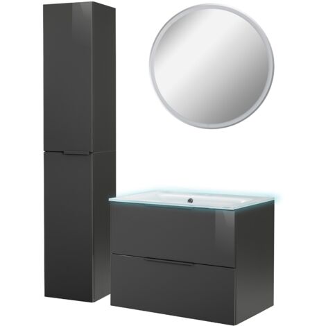 Fackelmann LUNA Badmöbel Set 5-teilig, 80 cm breit, Anthrazit, Glas Weiß+Spiegel+Hochschrank"-"90263145