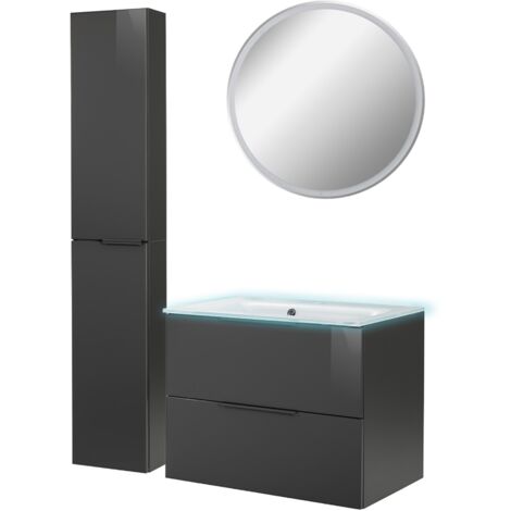 Fackelmann LUNA Badmöbel Set 5-teilig, 80 cm breit, Anthrazit, Glas Weiß+Spiegel+Hochschrank slim"-"90266145