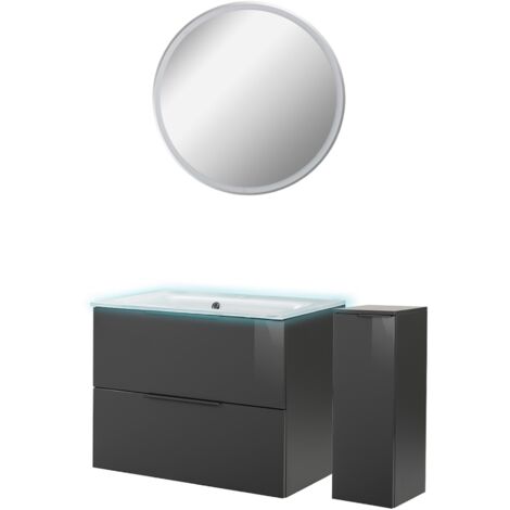 Fackelmann LUNA Badmöbel Set 5-teilig, 80 cm breit, Anthrazit, Glas Weiß+Spiegel+Midischrank"-"90265145
