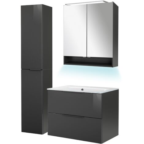 Fackelmann LUNA Badmöbel Set 5-teilig, 80 cm breit, Anthrazit, Glas Weiß+Spiegelschrank+Hochschrank"-"90253145