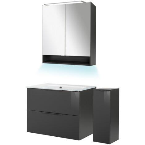 Fackelmann LUNA Badmöbel Set 5-teilig, 80 cm breit, Anthrazit, Glas Weiß+Spiegelschrank+Midischrank"-"90255145