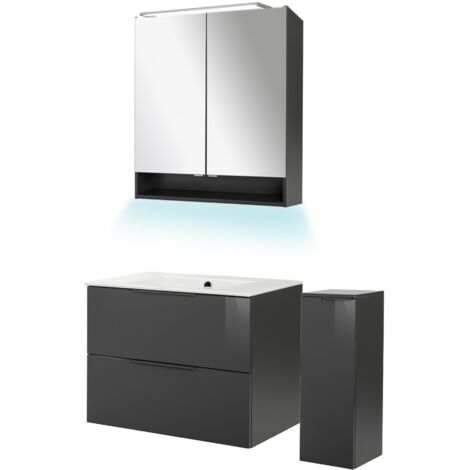 Fackelmann LUNA Badmöbel Set 5-teilig, 80 cm breit, Anthrazit, Keramik+Spiegelschrank+Midischrank"-"90259145