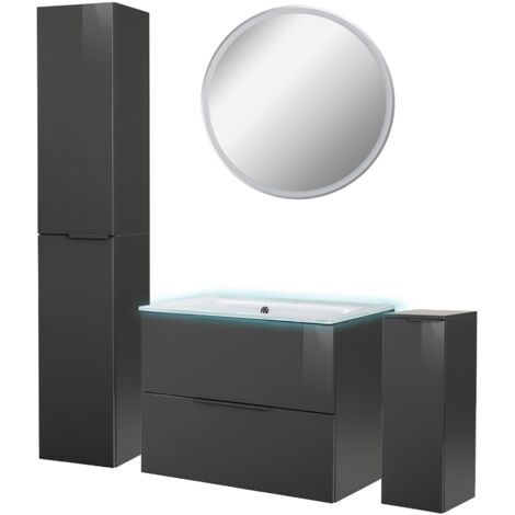 Fackelmann LUNA Badmöbel Set 6-teilig, 80 cm breit, Anthrazit, Glas Weiß+Spiegel+2 Badschränke"-"90264145