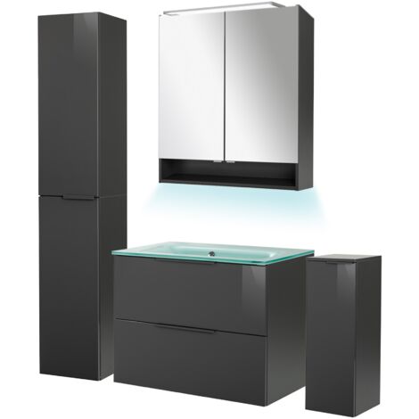 Fackelmann LUNA Badmöbel Set 6-teilig, 80 cm breit, Anthrazit,Glas Mint+Spiegelschrank+2 Badschränke"-"90250145