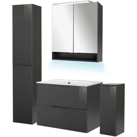 Fackelmann LUNA Badmöbel Set 6-teilig, 80 cm breit, Anthrazit,Glas Weiß+Spiegelschrank+2 Badschränke"-"90254145
