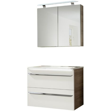 Fackelmann LUXOR Badmöbel Set 3-teilig 80 cm, Braun/Weiß + LED-Spiegelschrank"-"90211145