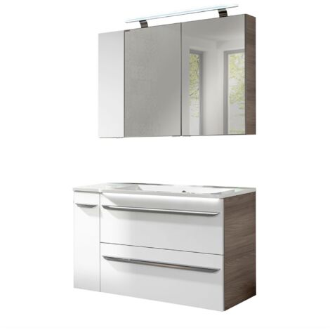 Fackelmann LUXOR Badmöbel Set 5-teilig 100 cm, Braun/Weiß + LED-Spiegelschrank + Badschränke links"-"90219145