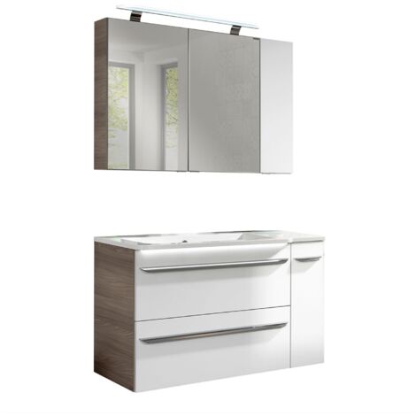 Fackelmann LUXOR Badmöbel Set 5-teilig 100 cm, Braun/Weiß + LED-Spiegelschrank + Badschränke rechts"-"90218145