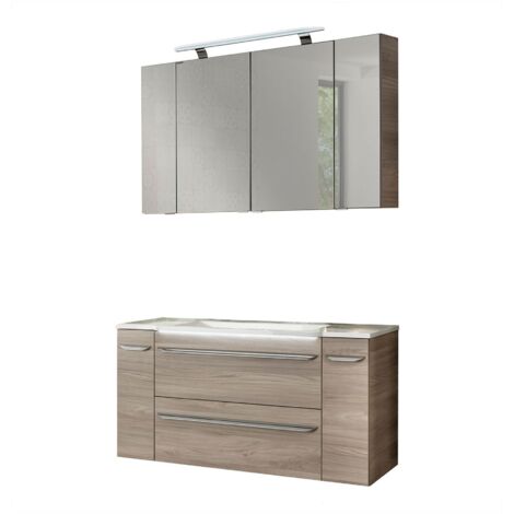Fackelmann LUXOR Badmöbel Set 7-teilig 120 cm, Braun + LED-Spiegelschrank + Schränke verspiegelt + Unterschränke"-"90220145