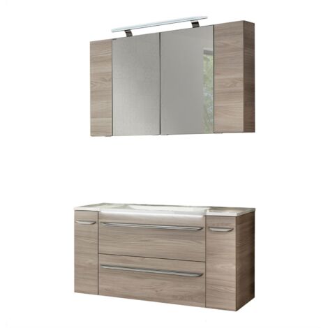Fackelmann LUXOR Badmöbel Set 7-teilig 120 cm, Braun + LED-Spiegelschrank + Unterschränke + Hängeschränke"-"90221145