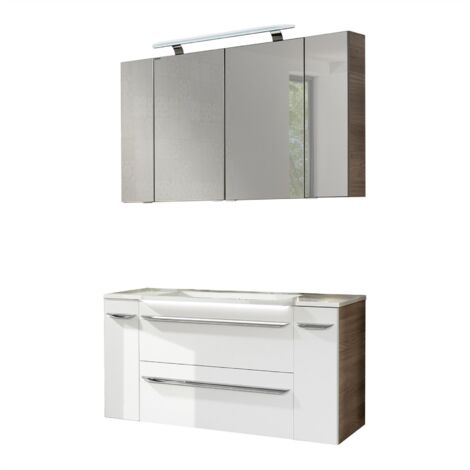 Fackelmann LUXOR Badmöbel Set 7-teilig 120 cm, Braun/Weiß + LED-Spiegelschrank + Schränke verspiegelt + Unterschränke"-"90222145