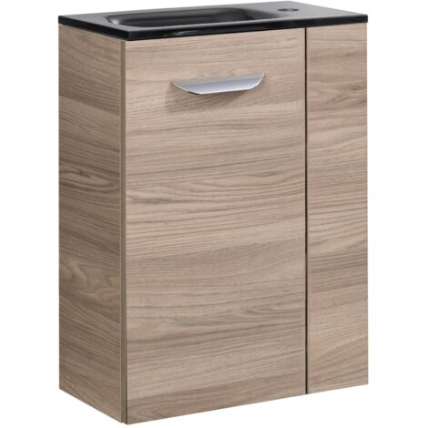 Fackelmann LUXOR SBC Gäste-WC Set 2 Teile – Waschtischunterschrank in Holz Braun mit Waschbecken aus Glas in Anthrazit – Waschbeckenunterschrank schmal – Türanschlag links – 45 cm breit"-"90080145