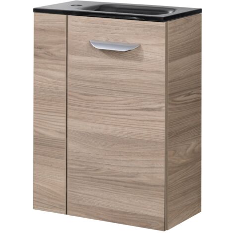 Fackelmann LUXOR SBC Gäste-WC Set 2 Teile – Waschtischunterschrank in Holz Braun mit Waschbecken aus Glas in Anthrazit – Waschbeckenunterschrank schmal – Türanschlag rechts – 45 cm breit"-"90081145
