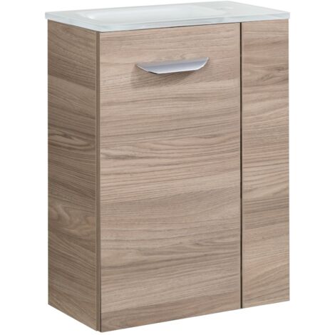 Fackelmann LUXOR SBC Gäste-WC Set 2 Teile – Waschtischunterschrank in Holz Braun mit Waschbecken aus Glas in Weiß – Waschbeckenunterschrank schmal – Türanschlag links – 45 cm breit"-"90076145