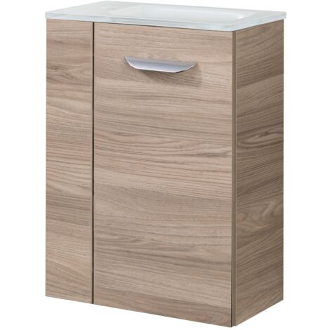 Fackelmann LUXOR SBC Gäste-WC Set 2 Teile – Waschtischunterschrank in Holz Braun mit Waschbecken aus Glas in Weiß – Waschbeckenunterschrank schmal – Türanschlag rechts – 45 cm breit"-"90074145