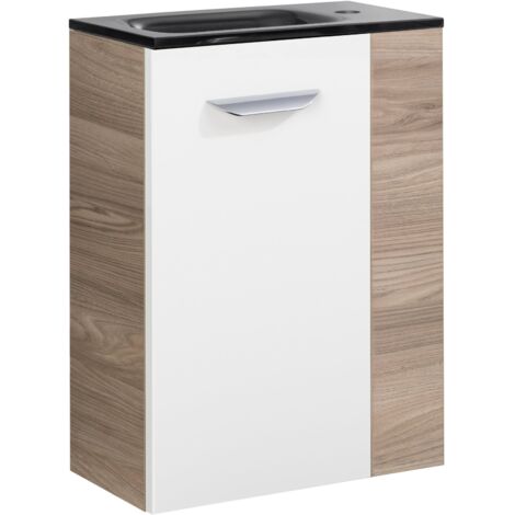 Fackelmann LUXOR SBC Gäste-WC Set 2 Teile – Waschtischunterschrank in Weiß mit Holz Braun mit Waschbecken aus Glas in Anthrazit – Waschbeckenunterschrank schmal – Türanschlag links – 45 cm breit"-"90