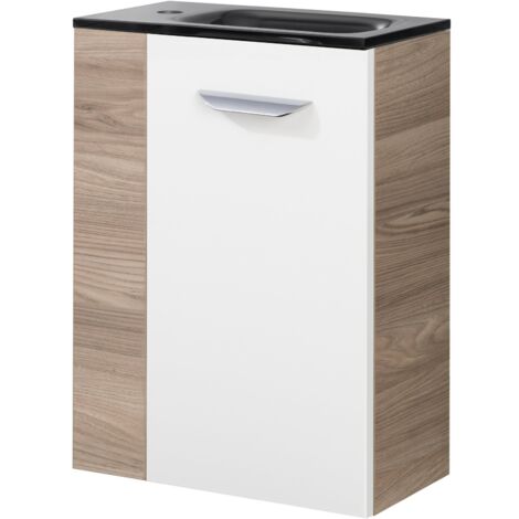 Fackelmann LUXOR SBC Gäste-WC Set 2 Teile – Waschtischunterschrank in Weiß mit Holz Braun mit Waschbecken aus Glas in Anthrazit – Waschbeckenunterschrank schmal – Türanschlag rechts – 45 cm breit"-"9