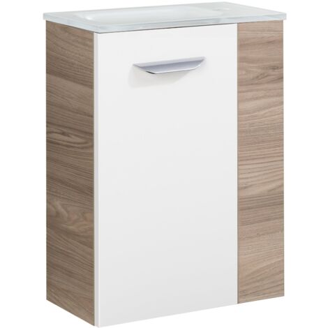 Fackelmann LUXOR SBC Gäste-WC Set 2 Teile – Waschtischunterschrank in Weiß mit Holz Braun mit Waschbecken aus Glas in Weiß – Waschbeckenunterschrank schmal – Türanschlag links – 45 cm breit"-"9007714