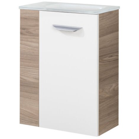 Fackelmann LUXOR SBC Gäste-WC Set 2 Teile – Waschtischunterschrank in Weiß mit Holz Braun mit Waschbecken aus Glas in Weiß – Waschbeckenunterschrank schmal – Türanschlag rechts – 45 cm breit"-"900751