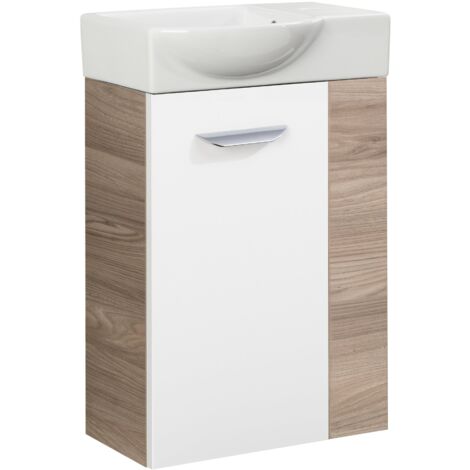 Fackelmann LUXOR SBC Gäste-WC Set 2 Teile – Waschtischunterschrank Weiß mit Holz Braun mit Waschbecken aus Keramik – Waschbeckenunterschrank schmal – Türanschlag links – Hahnloch rechts – 45 cm breit"