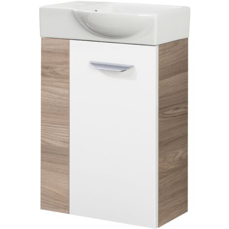 Fackelmann LUXOR SBC Gäste-WC Set 2 Teile – Waschtischunterschrank Weiß mit Holz Braun mit Waschbecken aus Keramik – Waschbeckenunterschrank schmal – Türanschlag rechts – Hahnloch links – 45 cm breit"