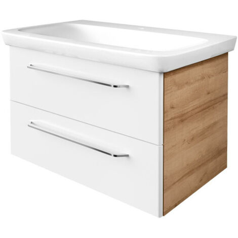 Fackelmann MILANO Badmöbel Set 2 Teile – Waschtisch mit Unterschrank fürs Bad – Waschbeckenunterschrank mit Schubladen in Weiß mit Holz braun – Badschrank hängend – 90 cm breit"-"08425