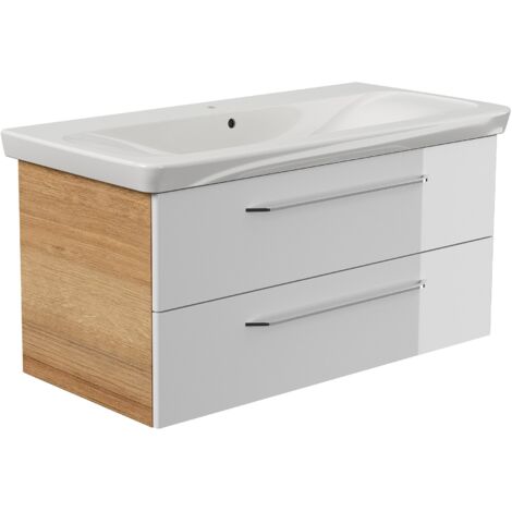 Fackelmann MILANO Badmöbel Set 2-teilig, 100 cm, Braun hell/Weiß, Keramik-08422