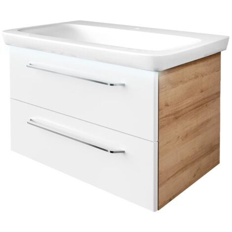 FACKELMANN MILANO Badmöbel Set 3 Teile / Keramik Waschbecken / Waschbeckenunterschrank mit 2 Schubladen / LED-Beleuchtung / Badschrank mit Soft-Close / Korpus: Braun hell / Front: Weiß / Breite: 88 cm