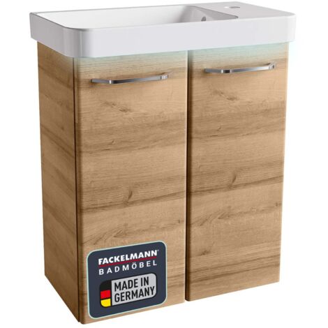 FACKELMANN MILANO Badmöbel Set 3 Teile / Waschbecken / Waschbeckenunterschrank mit 2 Türen / LED-Beleuchtung / Badschrank mit Soft-Close / Gäste WC Set / Korpus & Front: Braun hell / Breite: 55 cm"-"0