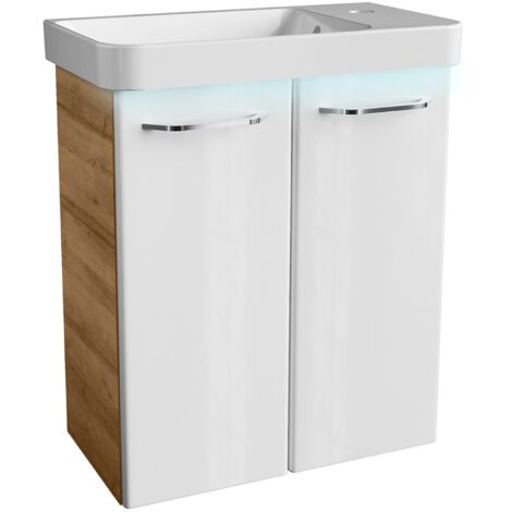 FACKELMANN MILANO Badmöbel Set 3 Teile / Waschbecken / Waschbeckenunterschrank mit 2 Türen / LED-Beleuchtung / Soft-Close-System / Gäste WC Set / Korpus: Braun hell / Front: Weiß / Breite: 55 cm"-"063