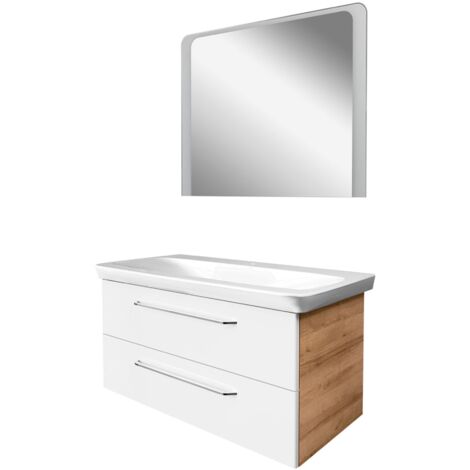 Fackelmann MILANO Badmöbel Set 3-teilig, 100 cm, Braun hell/Weiß, Keramik, LED-Spiegel"-"90310145