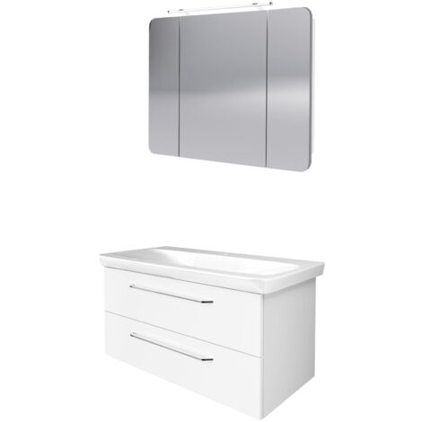 Fackelmann MILANO Badmöbel Set 3-teilig, 100 cm, Weiß, Keramik, LED-Spiegelschrank"-"90299145