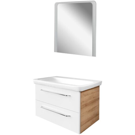 Fackelmann MILANO Badmöbel Set 3-teilig, 80 cm, Braun hell/Weiß, Keramik, LED-Spiegel"-"90293145